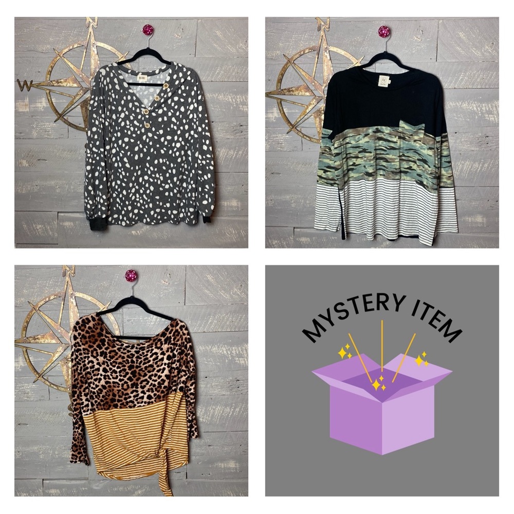 Bundle of 3 boutique brand tops plus one mystery item.